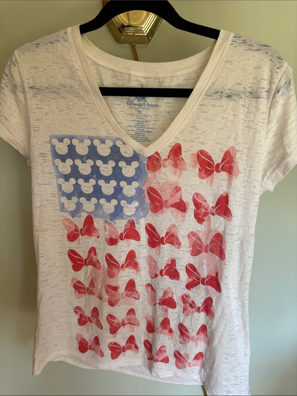 Disney Parks White V-Neck Tee with Blue Mickey Panel and Red Bow Pattern
